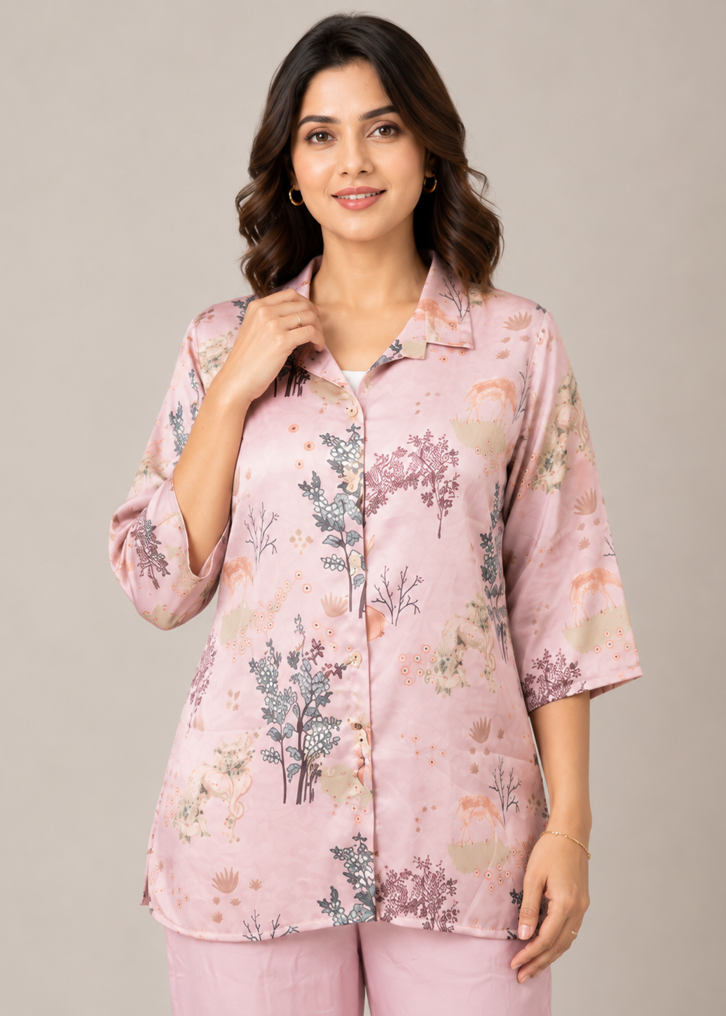 Pink Floral Printed Crepe Co-Ord Set with Inner