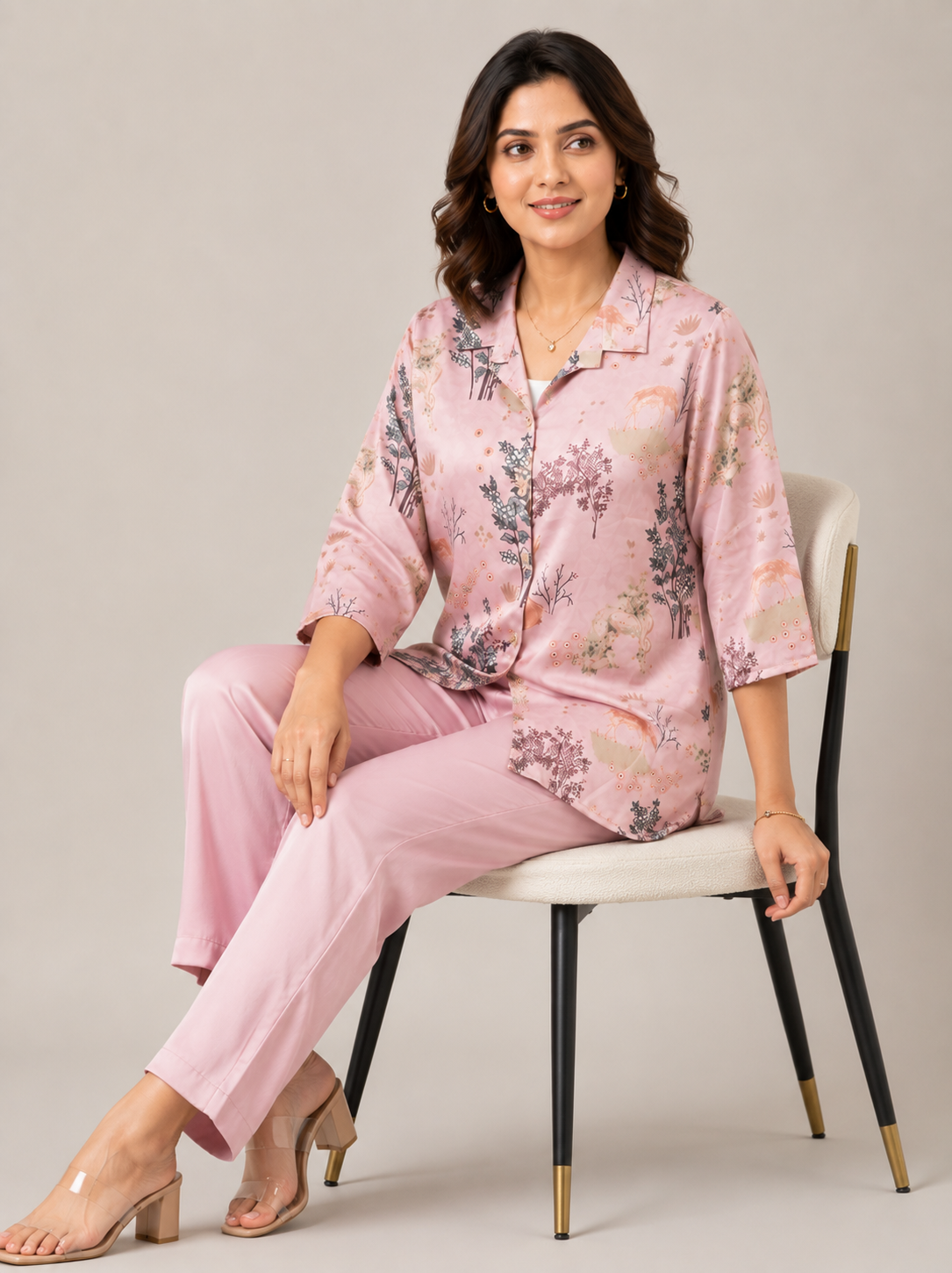 Woman wearing a pink floral pajama set sitting on a chair against a neutral background