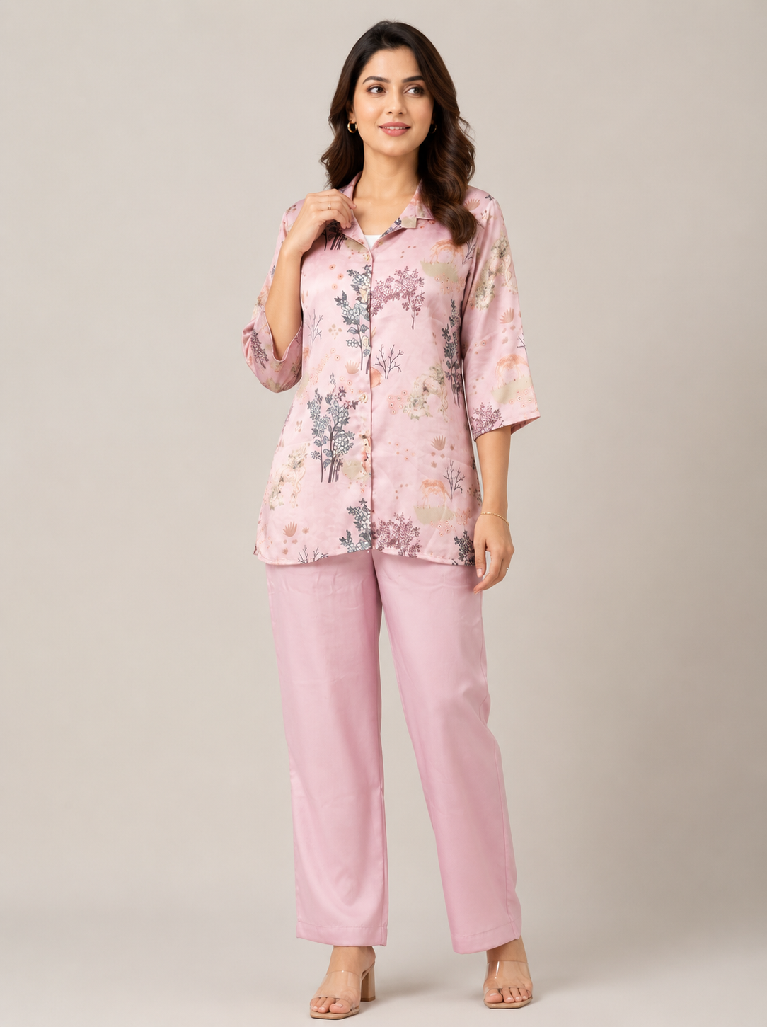 Woman wearing a pink floral pajama set on a plain background