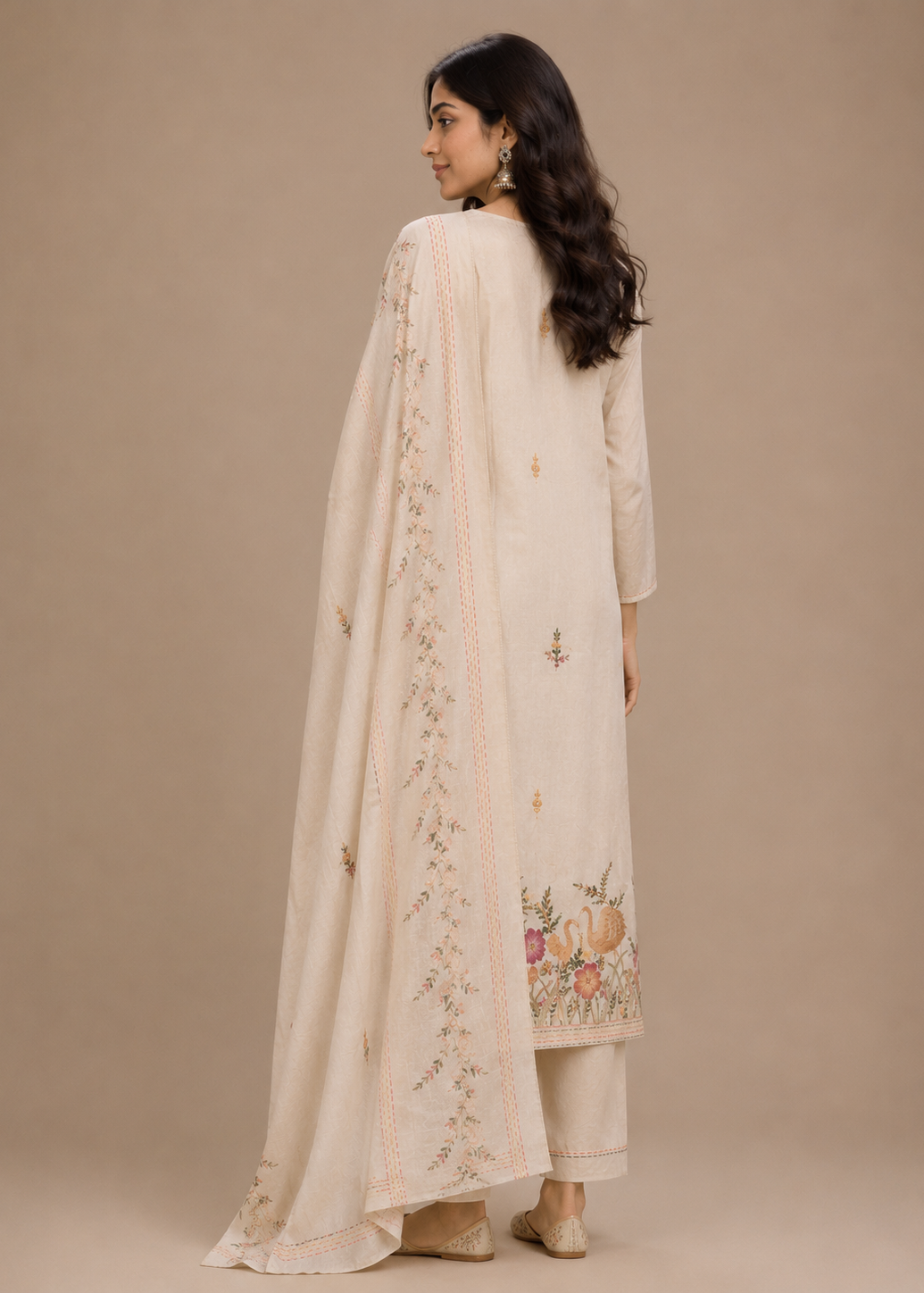 Ivory Swan Embroidered Kurta Set with Printed Dupatta