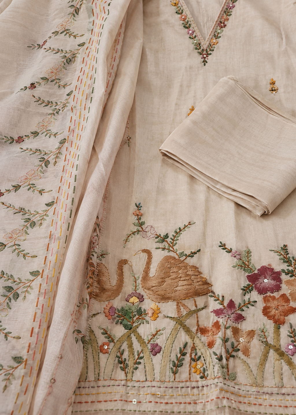 Ivory Swan Embroidered Kurta Set with Printed Dupatta