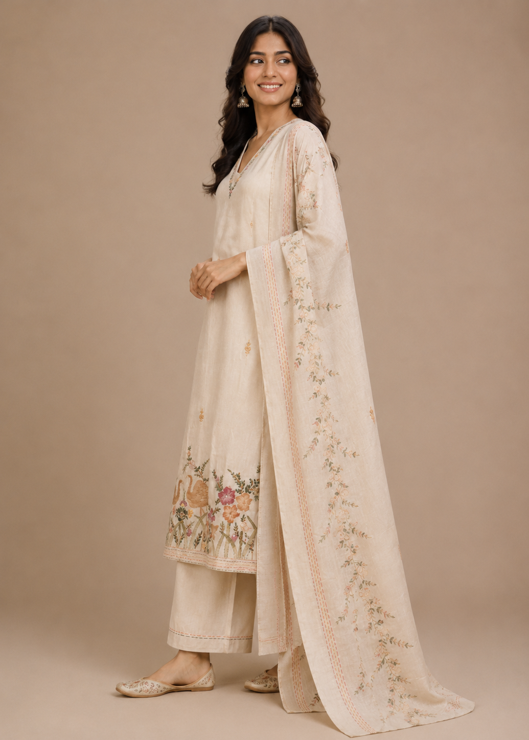 Ivory Swan Embroidered Kurta Set with Printed Dupatta