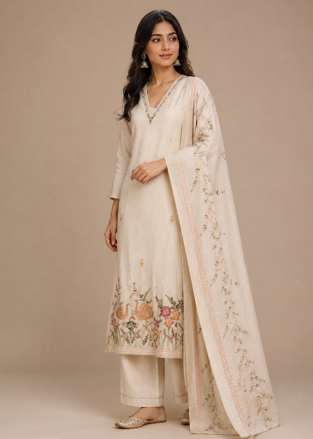 Ivory Swan Embroidered Kurta Set with Printed Dupatta