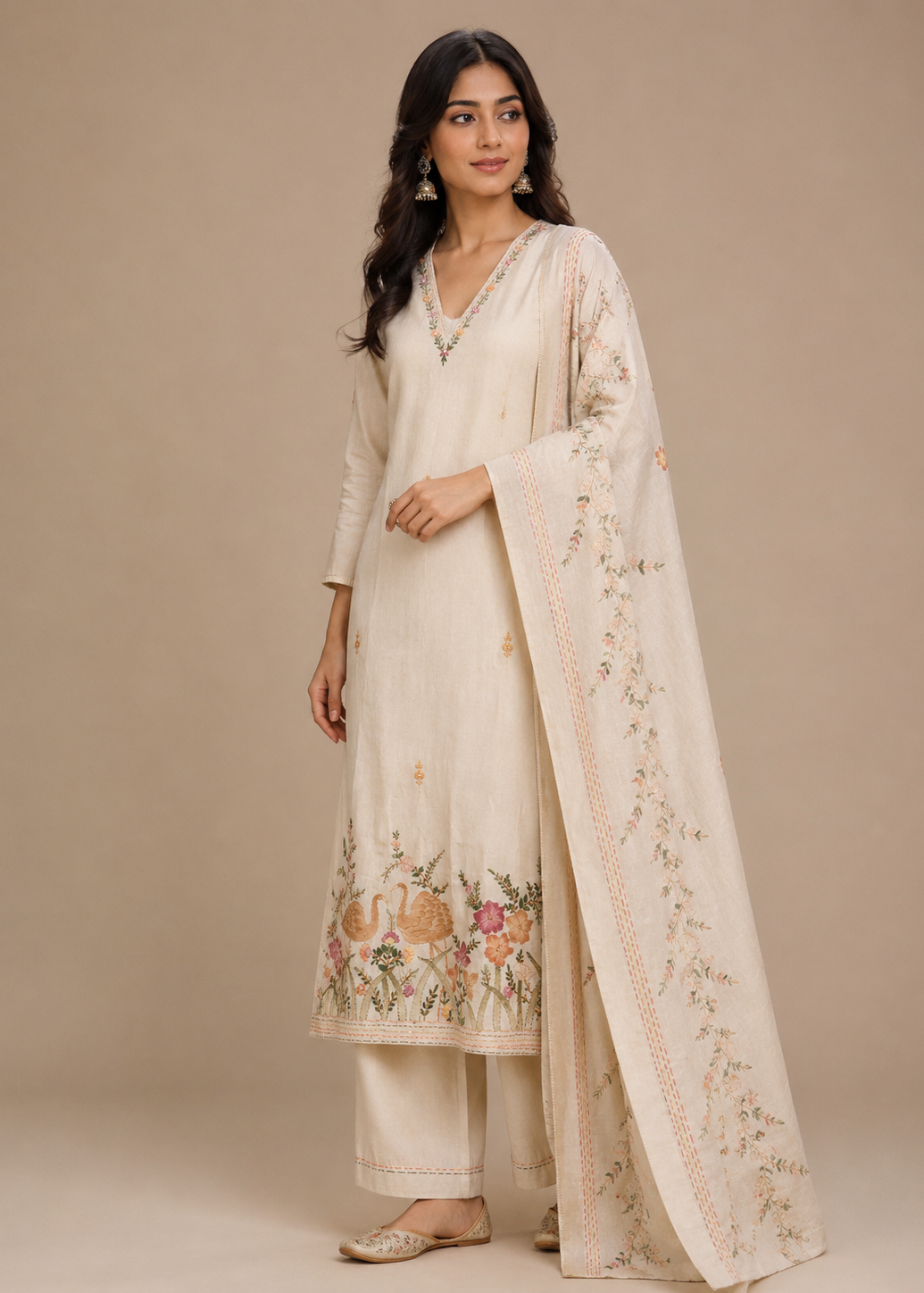 Ivory Swan Embroidered Kurta Set with Printed Dupatta