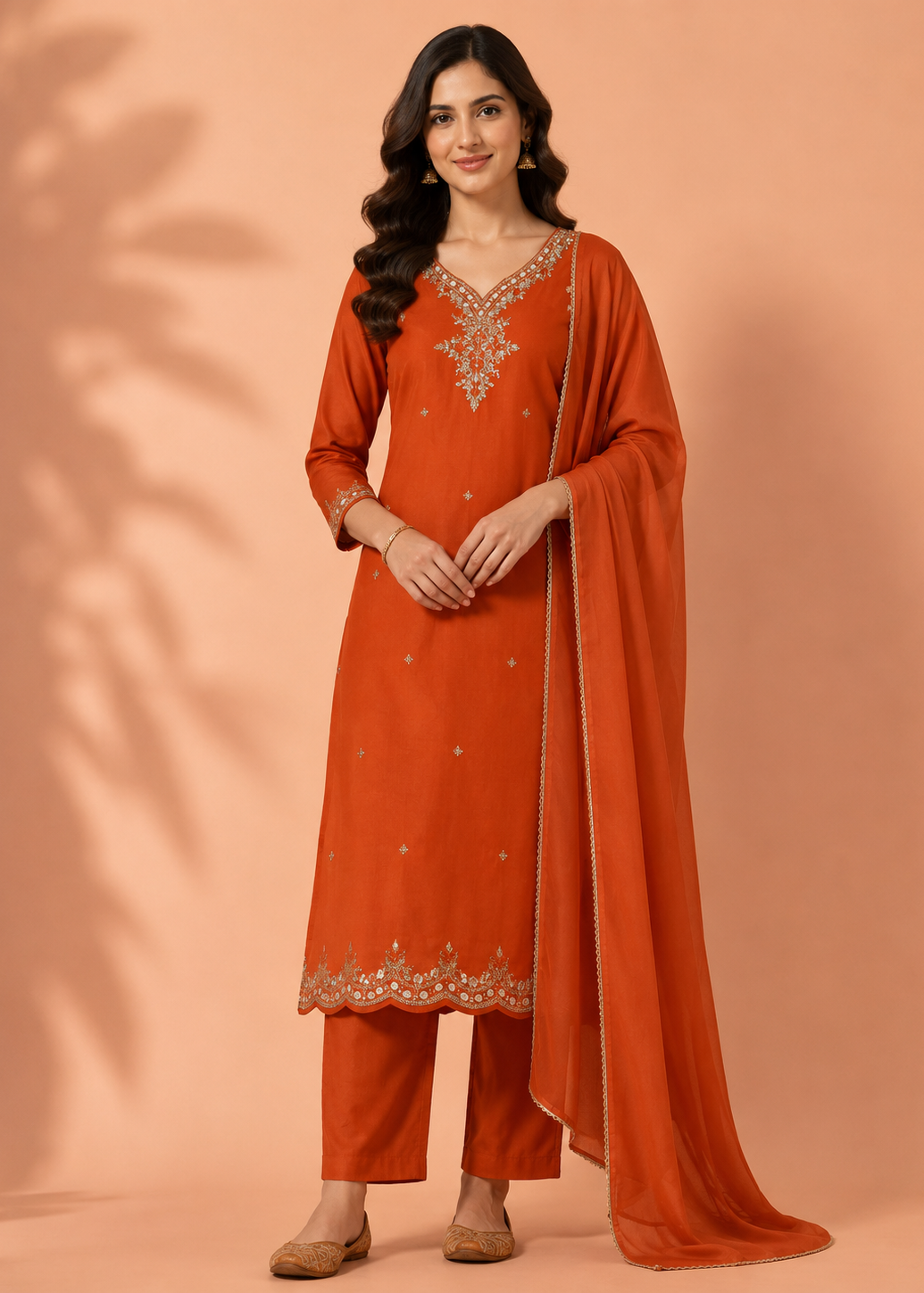 Designer Rust Orange Kurta Pant Dupatta Set for Festive & Wedding Wear