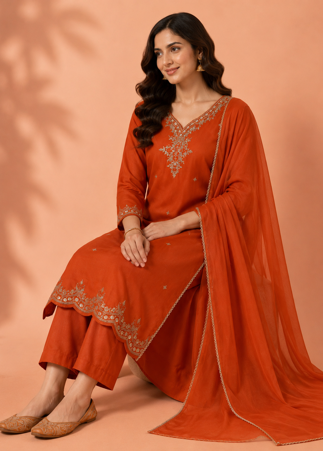 Designer Rust Orange Kurta Pant Dupatta Set for Festive & Wedding Wear