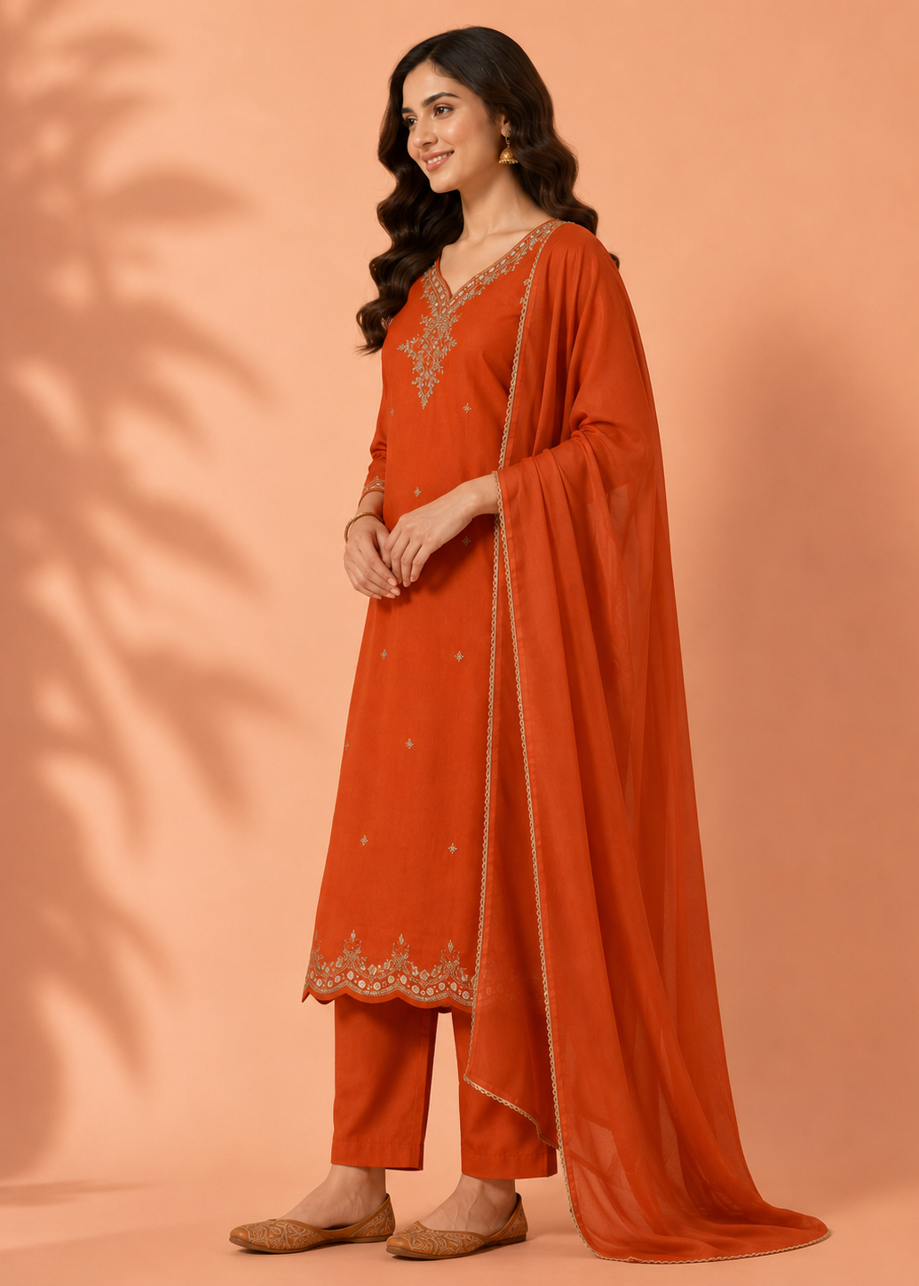 Woman wearing an orange traditional outfit with embroidery on a peach background