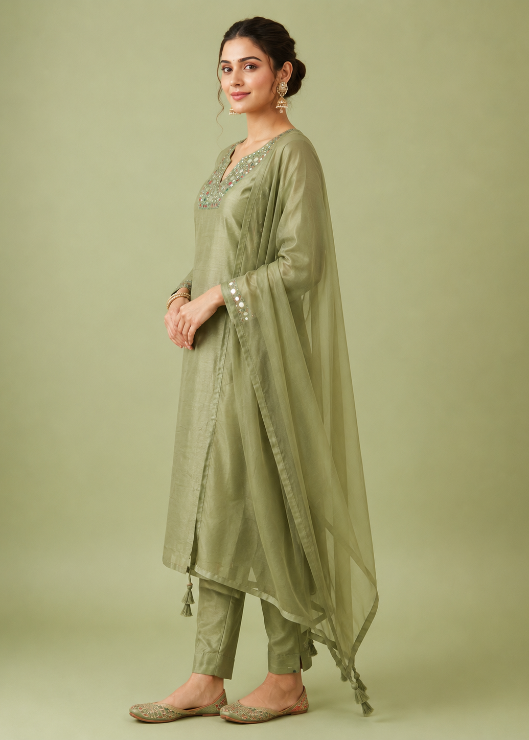 Sage Green Mirror Work Kurta Pant Dupatta Set