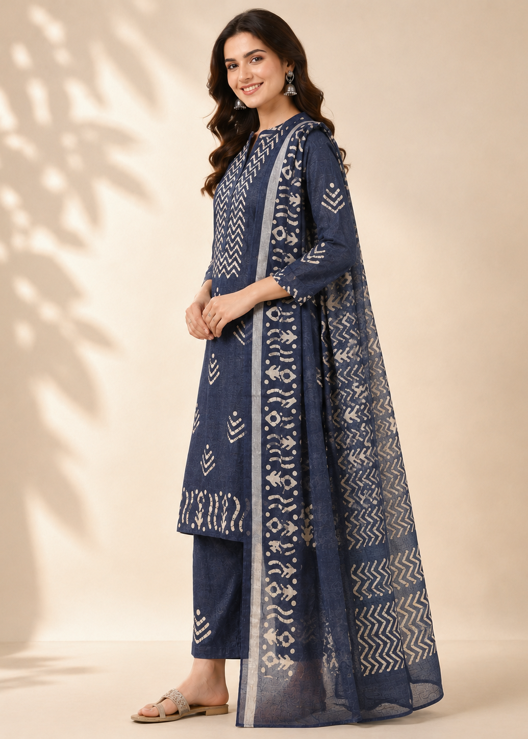 Woman wearing a navy blue embroidered outfit on a beige background