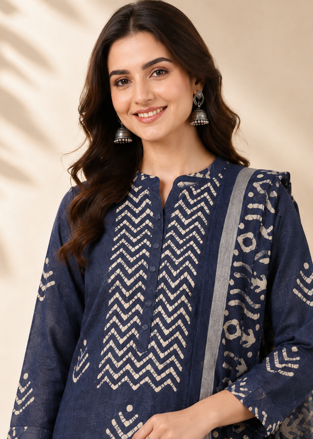 Navy Blue Pure Bhagalpuri Batik Print Suit Set with Printed Pant & Dupatta