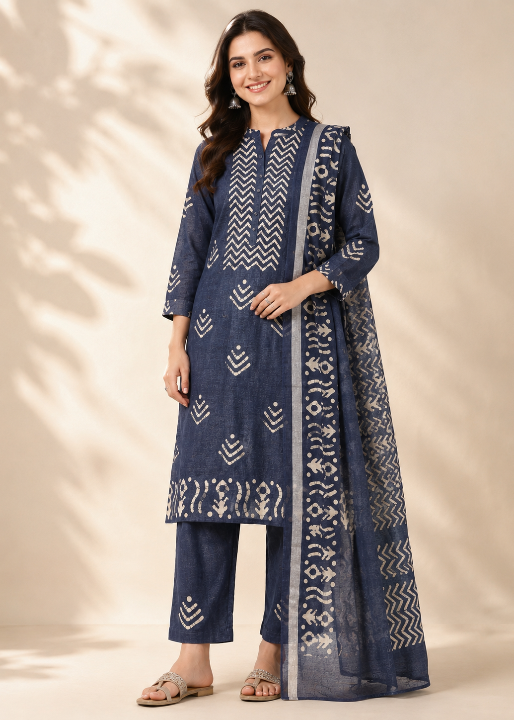 Woman wearing a blue patterned outfit with a beige background