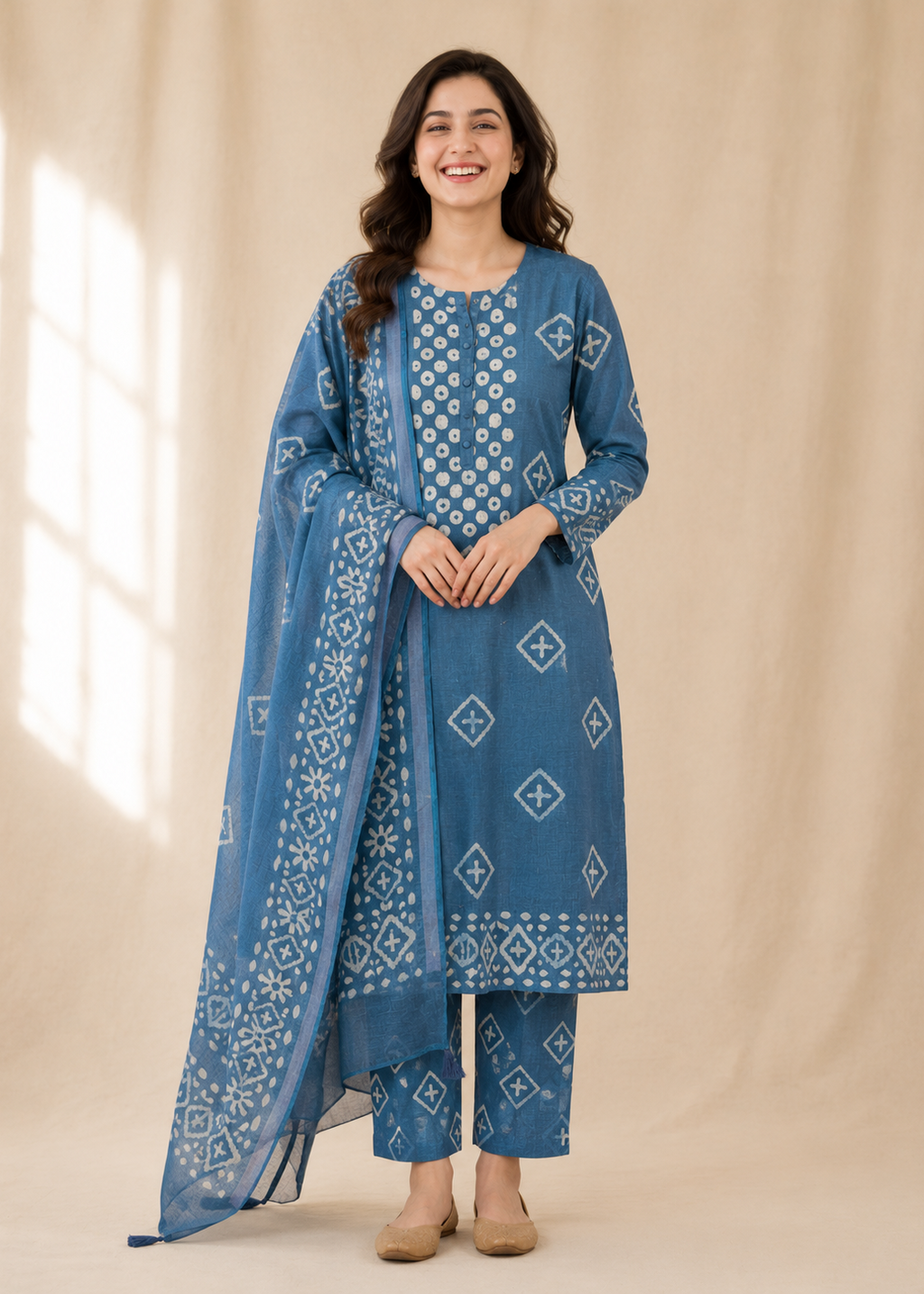 Woman wearing a blue embroidered traditional outfit with a beige background