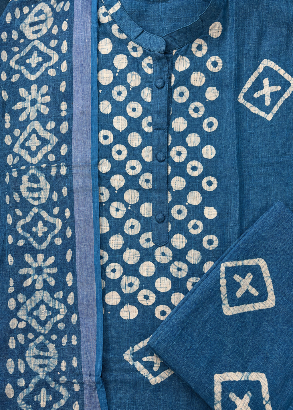 Pure Bhagalpuri Batik Print Blue Suit Set with Dupatta & Pant