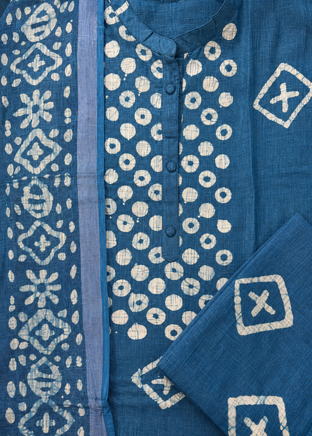 Pure Bhagalpuri Batik Print Blue Suit Set with Dupatta & Pant