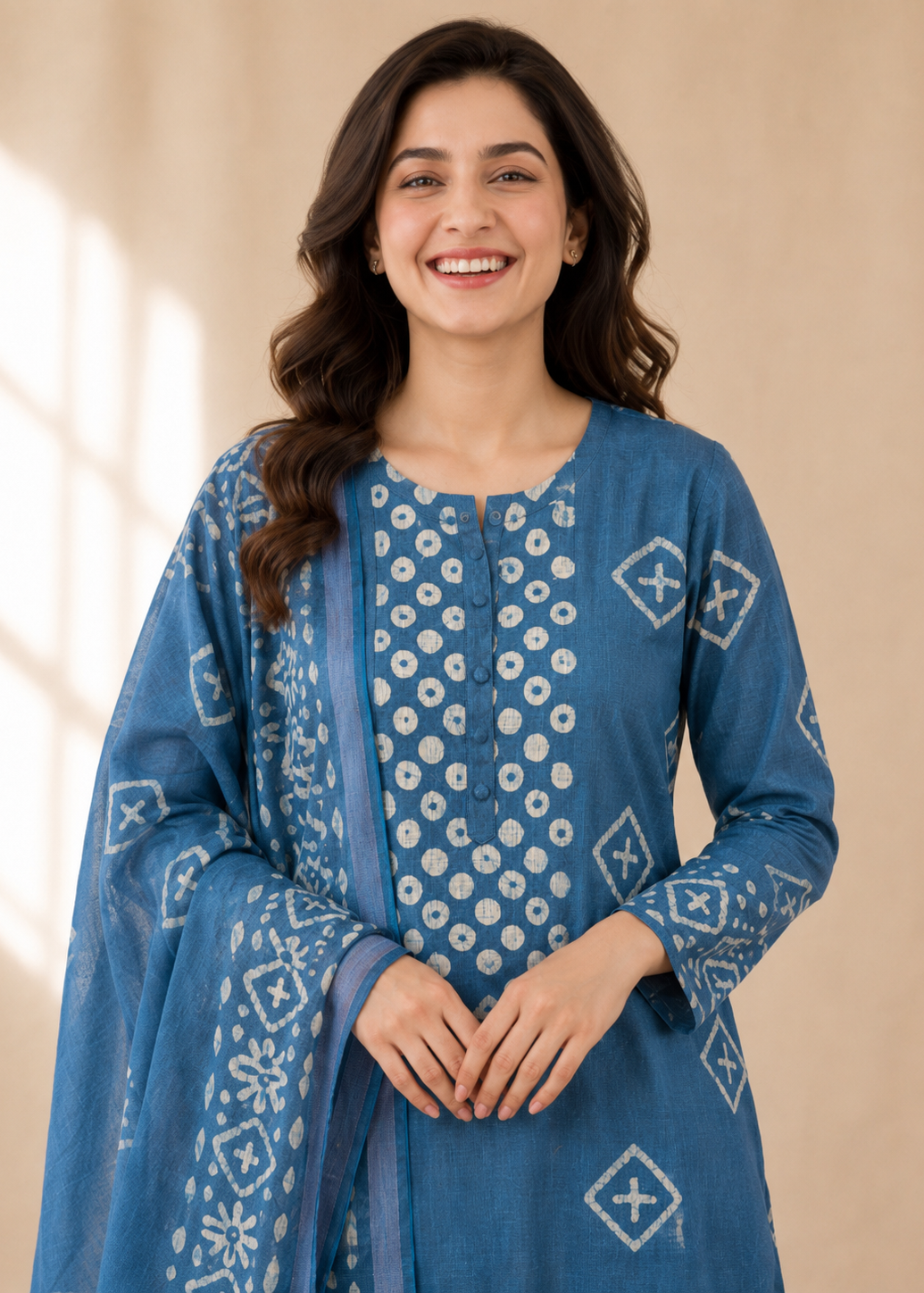 Pure Bhagalpuri Batik Print Blue Suit Set with Dupatta & Pant