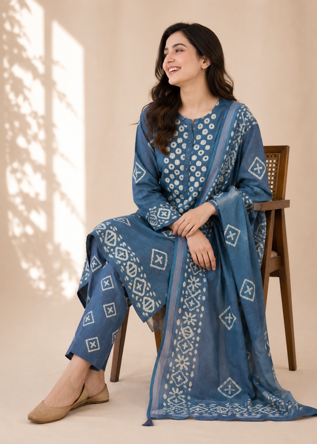 Pure Bhagalpuri Batik Print Blue Suit Set with Dupatta & Pant