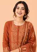 Pure Bhagalpuri Batik Print Suit Set with Dupatta & Pant in Rust Brown