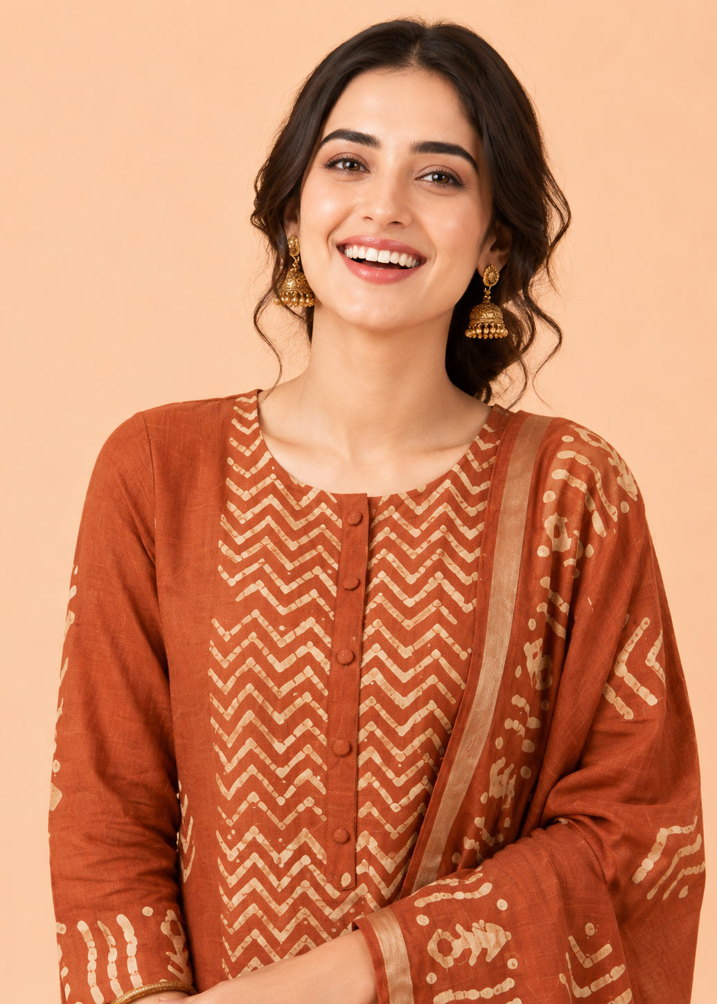 Pure Bhagalpuri Batik Print Suit Set with Dupatta & Pant in Rust Brown