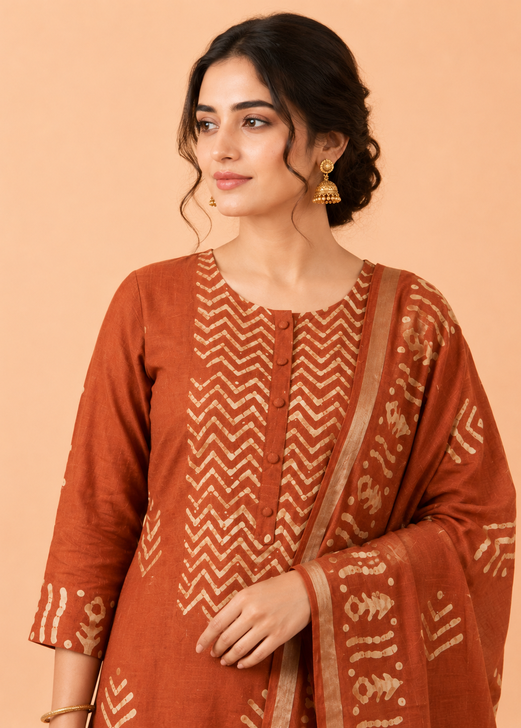 Pure Bhagalpuri Batik Print Suit Set with Dupatta & Pant in Rust Brown