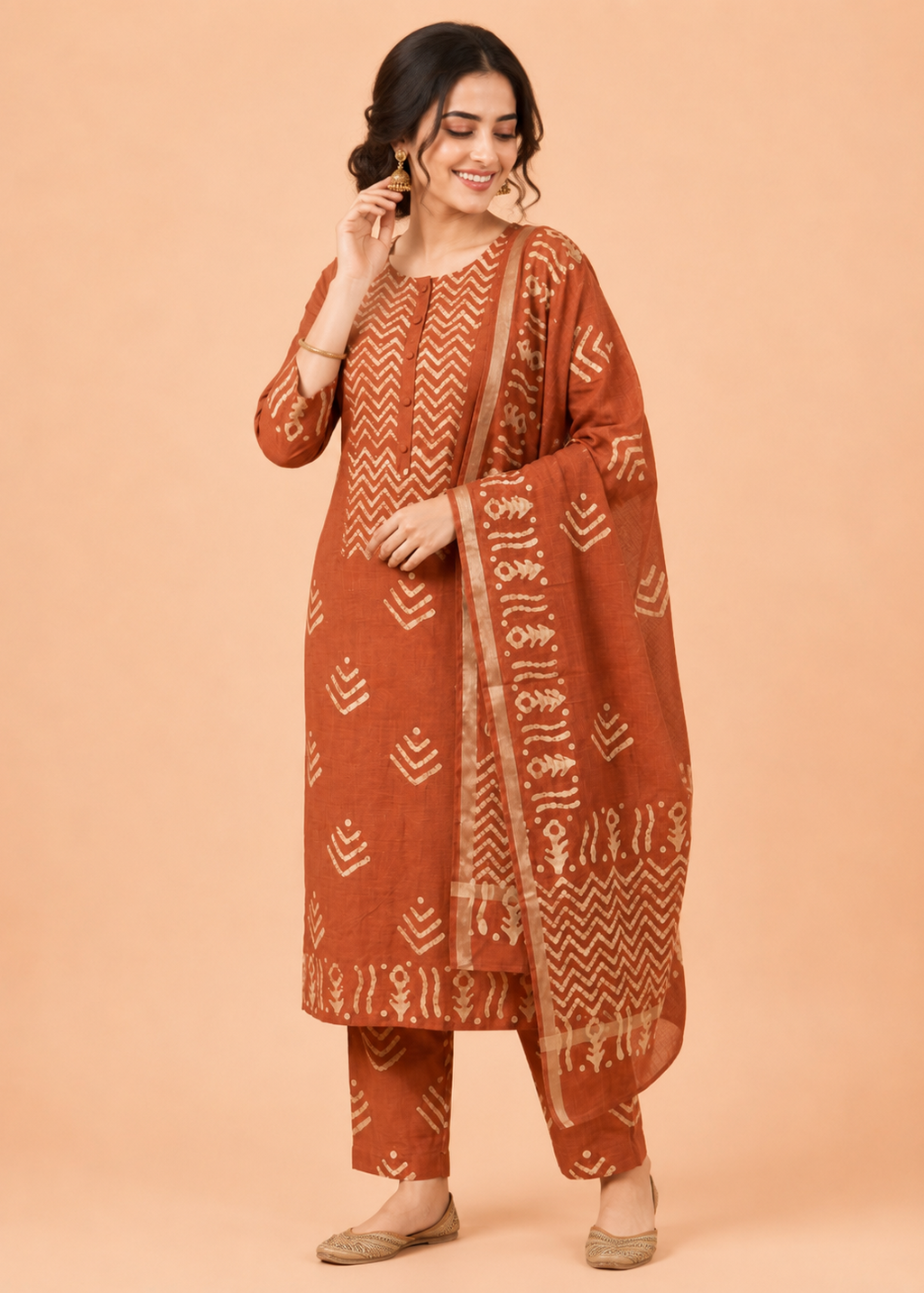 Pure Bhagalpuri Batik Print Suit Set with Dupatta & Pant in Rust Brown