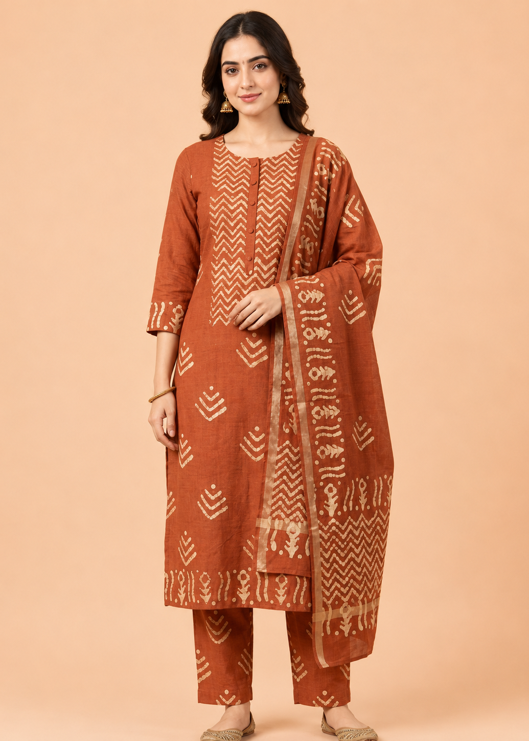 Pure Bhagalpuri Batik Print Suit Set with Dupatta & Pant in Rust Brown