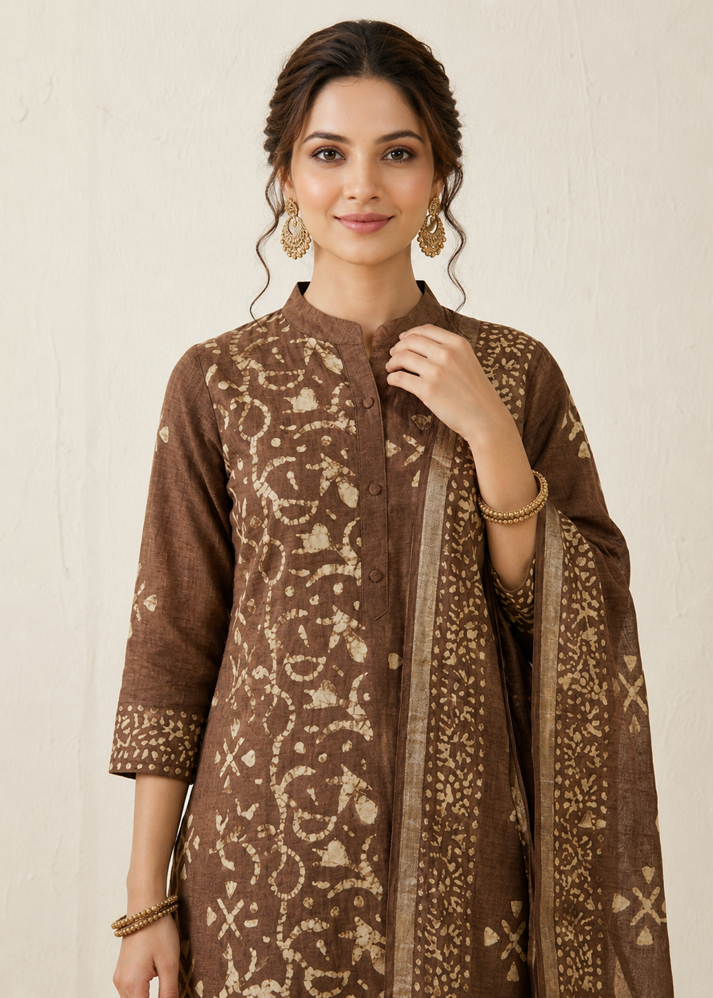 Pure Bhagalpuri Brown Batik Print Suit Set With Dupatta & Pan