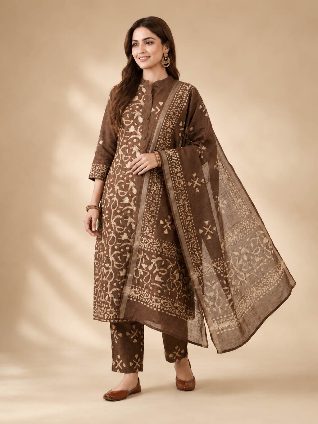 Woman wearing a brown traditional outfit with a matching dupatta on a beige background