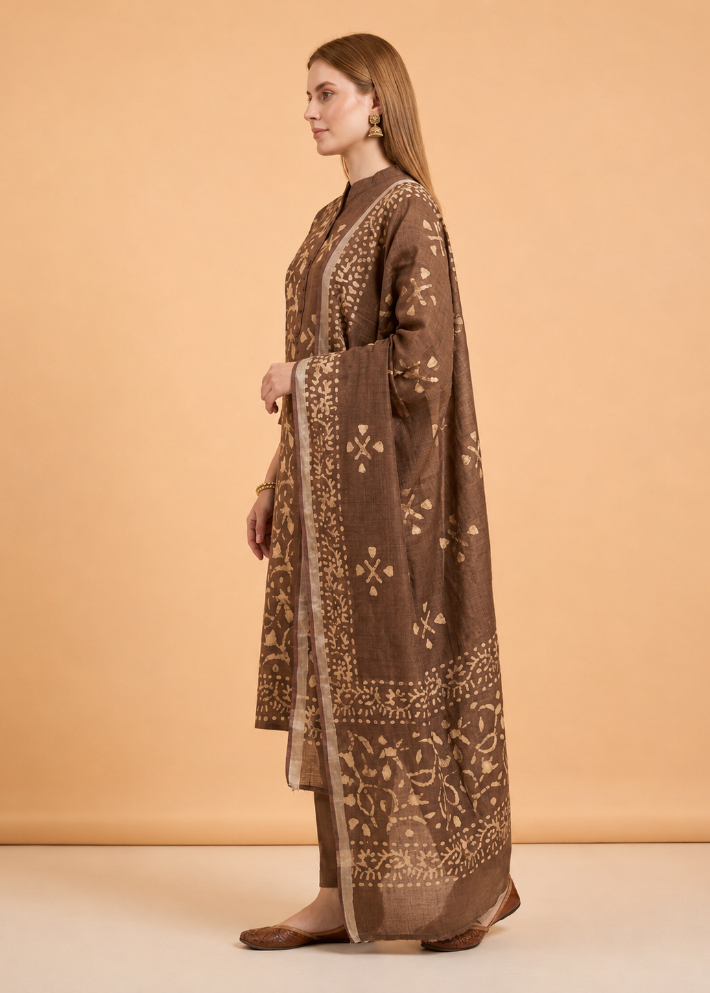 Pure Bhagalpuri Brown Batik Print Suit Set With Dupatta & Pan