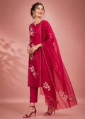 Rani Pink Mal Chanderi Embroidered Kurti Pant Dupatta Set