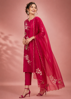 Rani Pink Mal Chanderi Embroidered Kurti Pant Dupatta Set