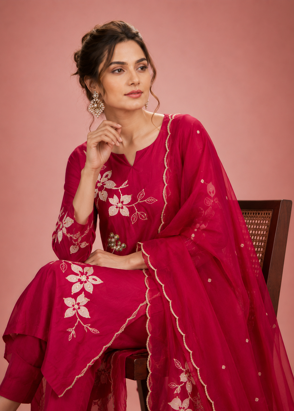 Woman wearing a pink traditional outfit with floral embroidery on a pink background