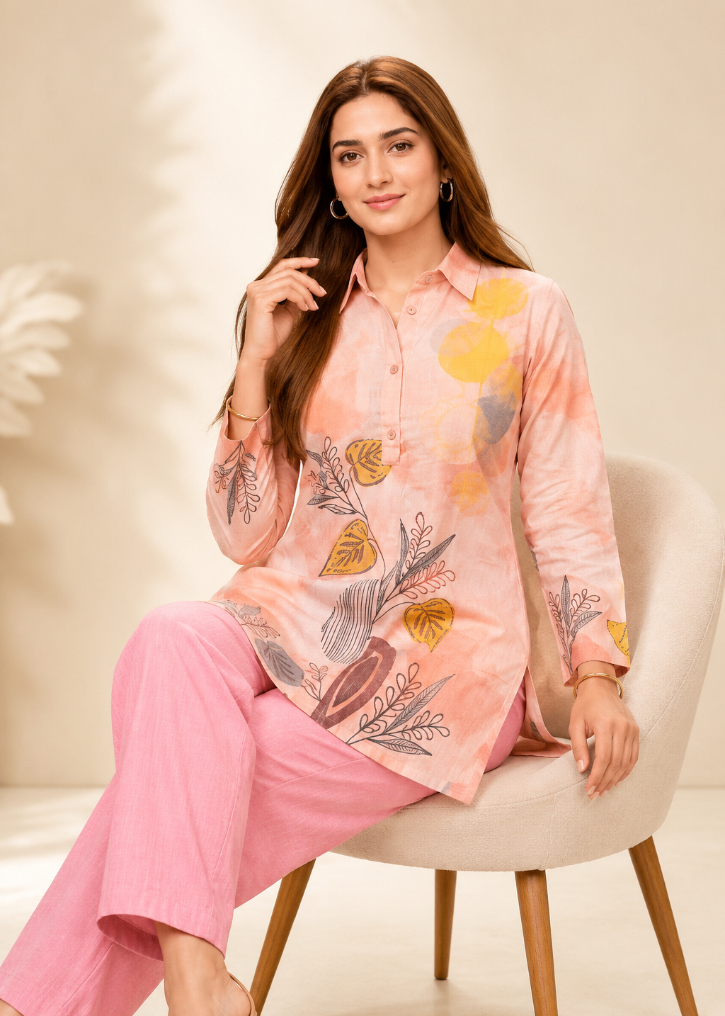 Woman wearing a pink floral outfit sitting on a chair with a beige background