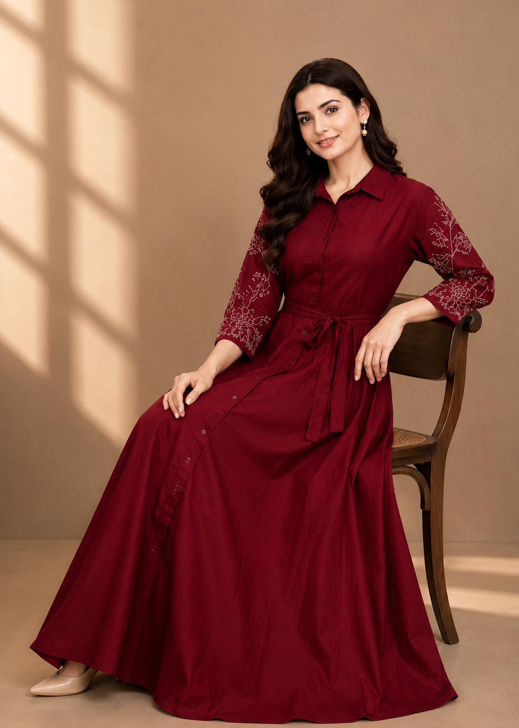 Wine Red Embroidered Anarkali Shirt Dress
