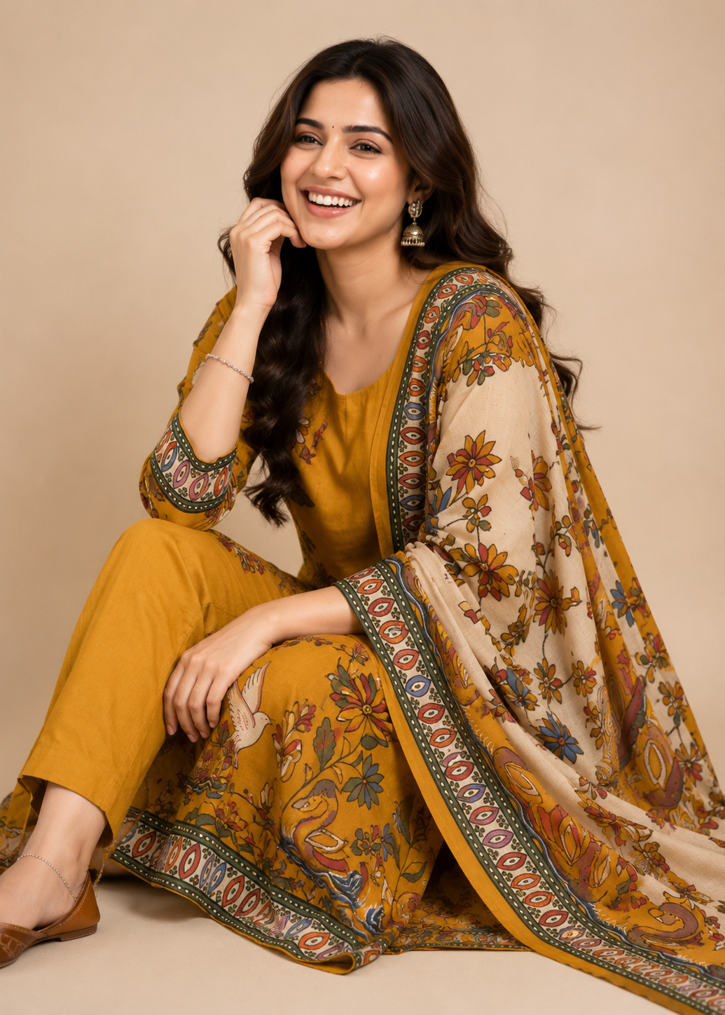 Traditional Mustard Yellow Floral Printed Straight Kurta Set