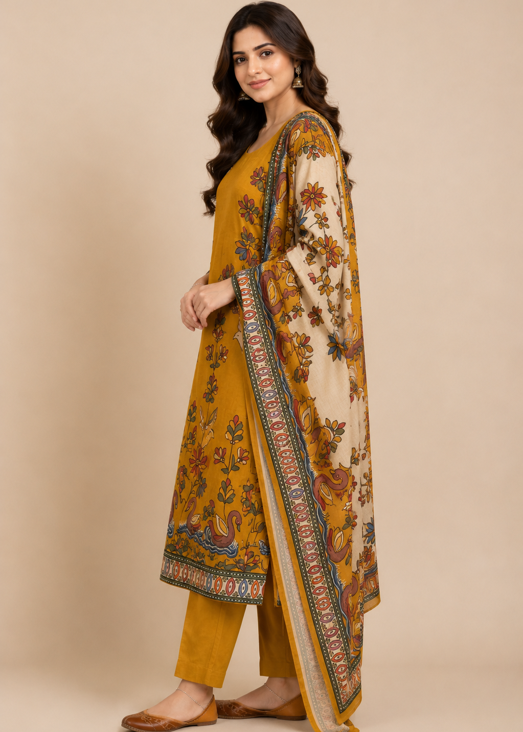 Traditional Mustard Yellow Floral Printed Straight Kurta Set