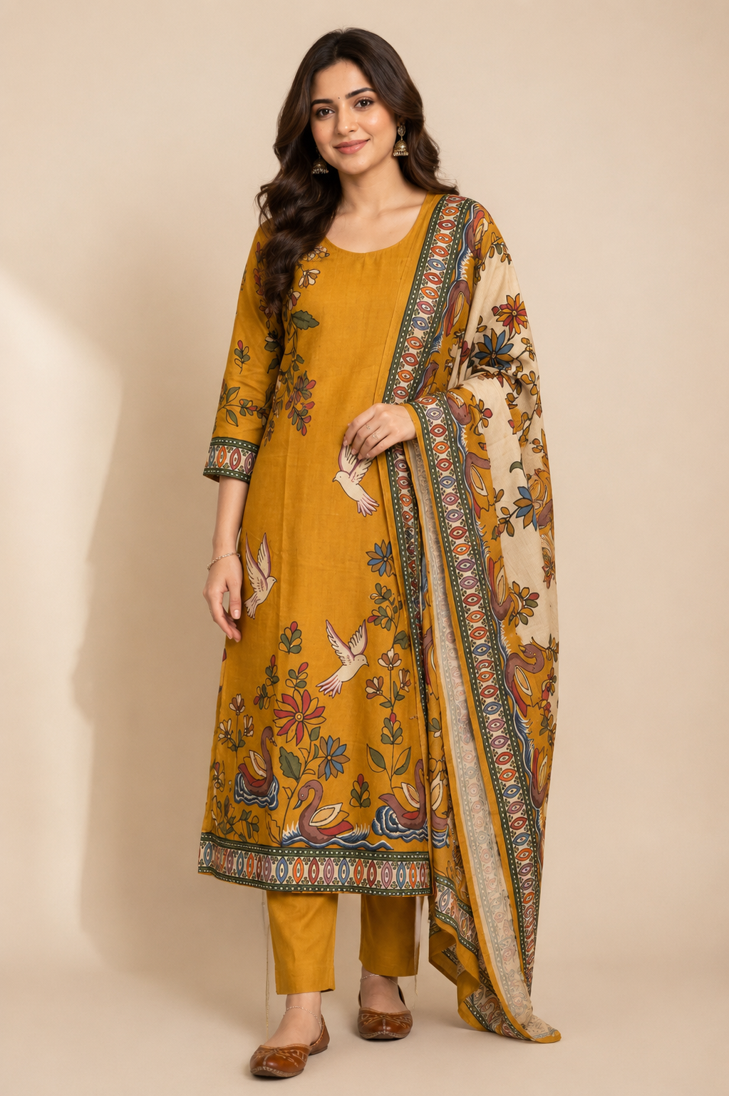 Woman wearing a mustard yellow floral dress with a matching dupatta on a beige background