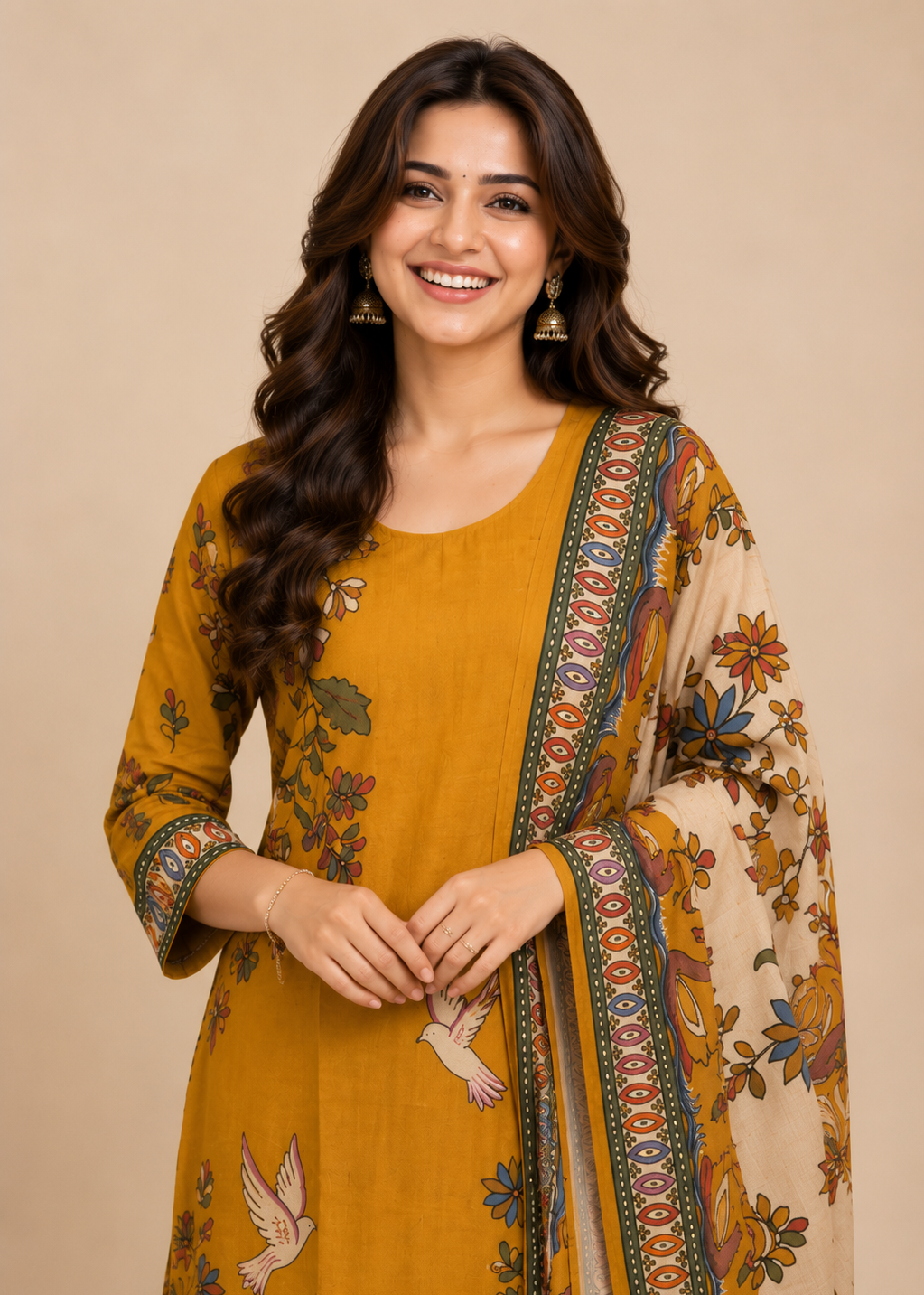 Traditional Mustard Yellow Floral Printed Straight Kurta Set