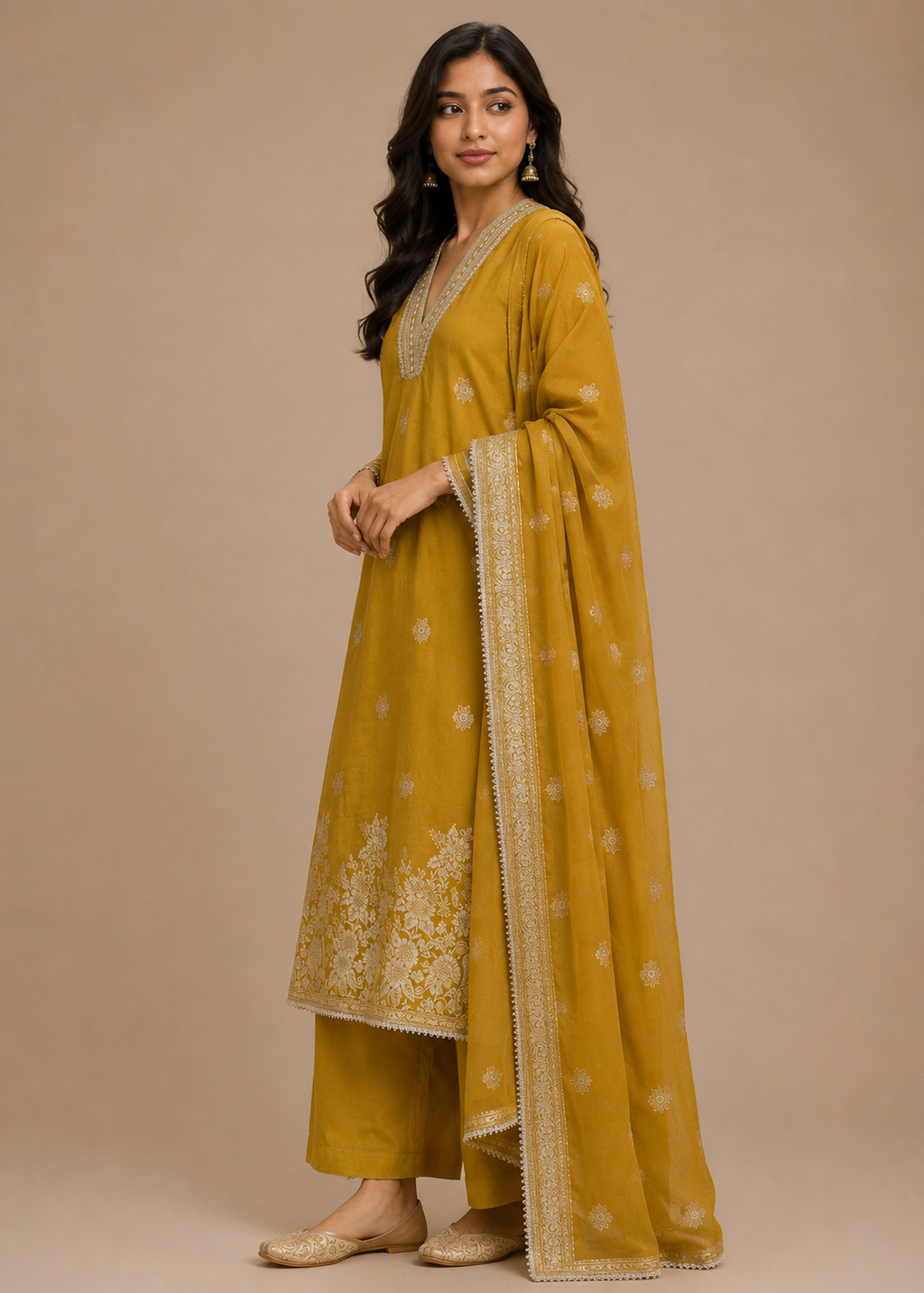 Mustard Embroidered Kurta Set with Organza Dupatta