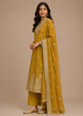 Mustard Embroidered Kurta Set with Organza Dupatta