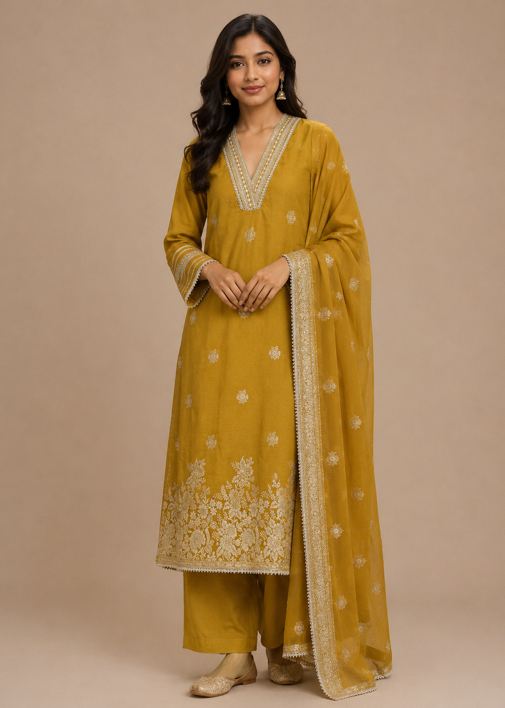 Mustard Embroidered Kurta Set with Organza Dupatta
