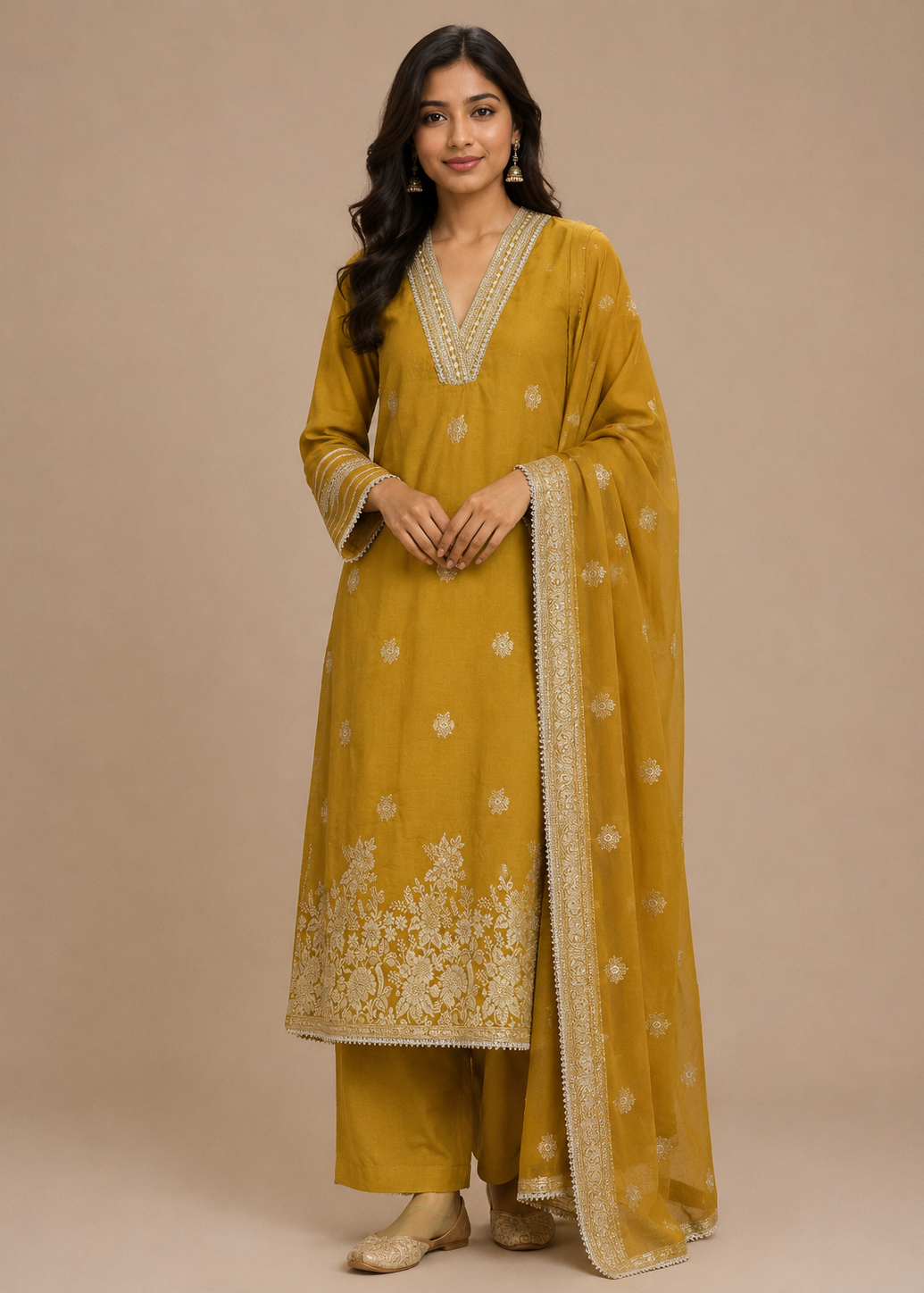 Mustard Embroidered Kurta Set with Organza Dupatta