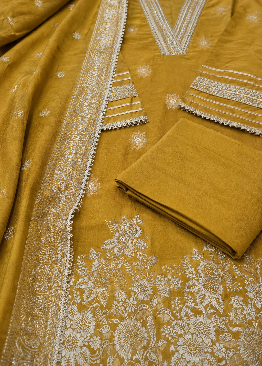 Mustard Embroidered Kurta Set with Organza Dupatta