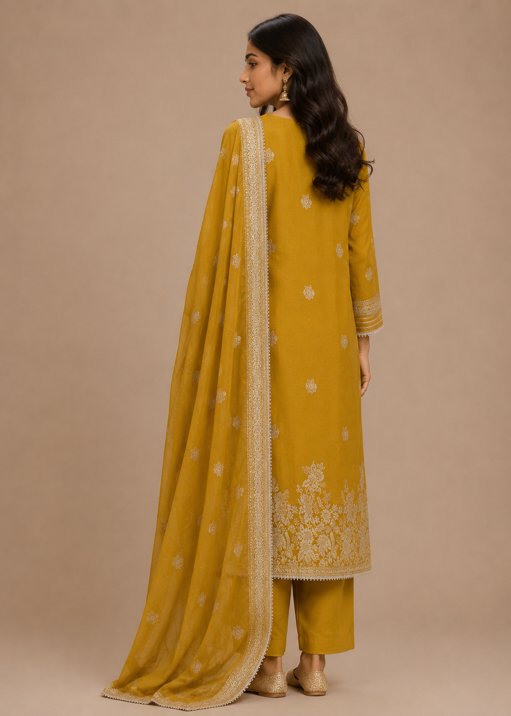 Mustard Embroidered Kurta Set with Organza Dupatta