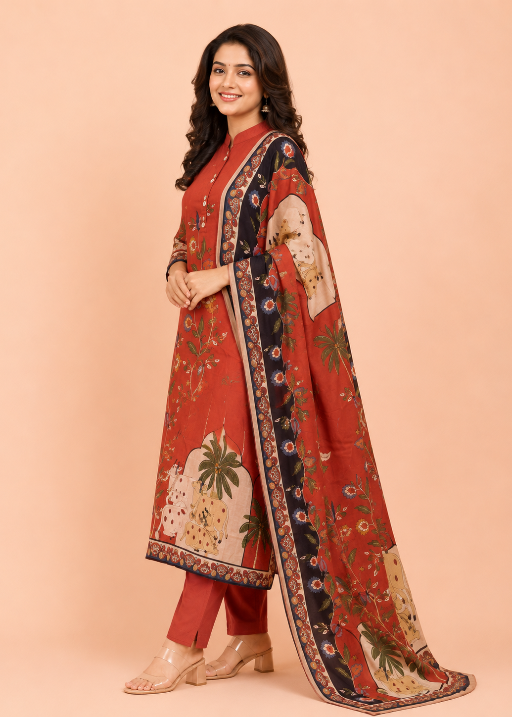 Rust Red Scarlet Garden Printed Kurta Set with Dupatta