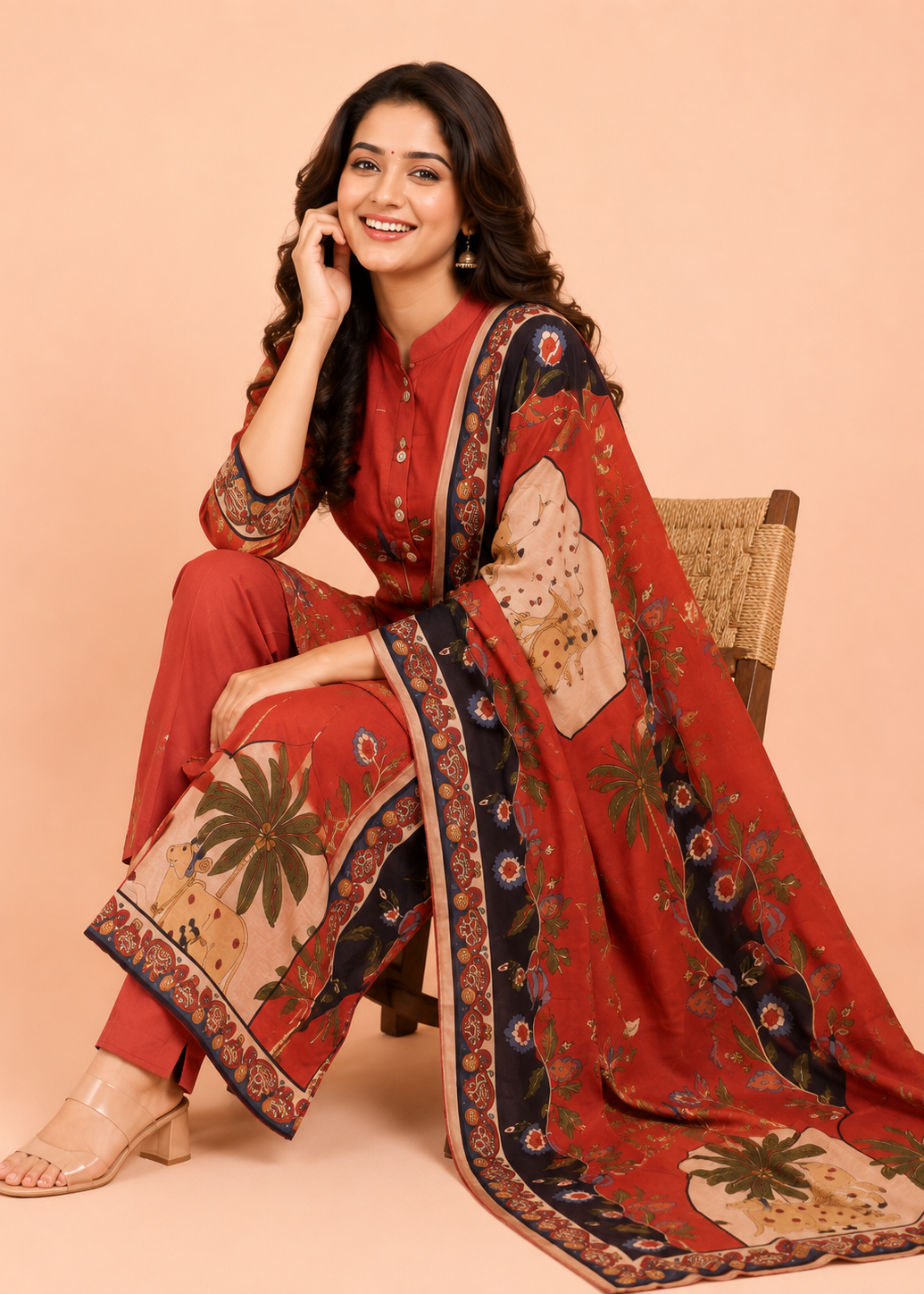 Rust Red Scarlet Garden Printed Kurta Set with Dupatta