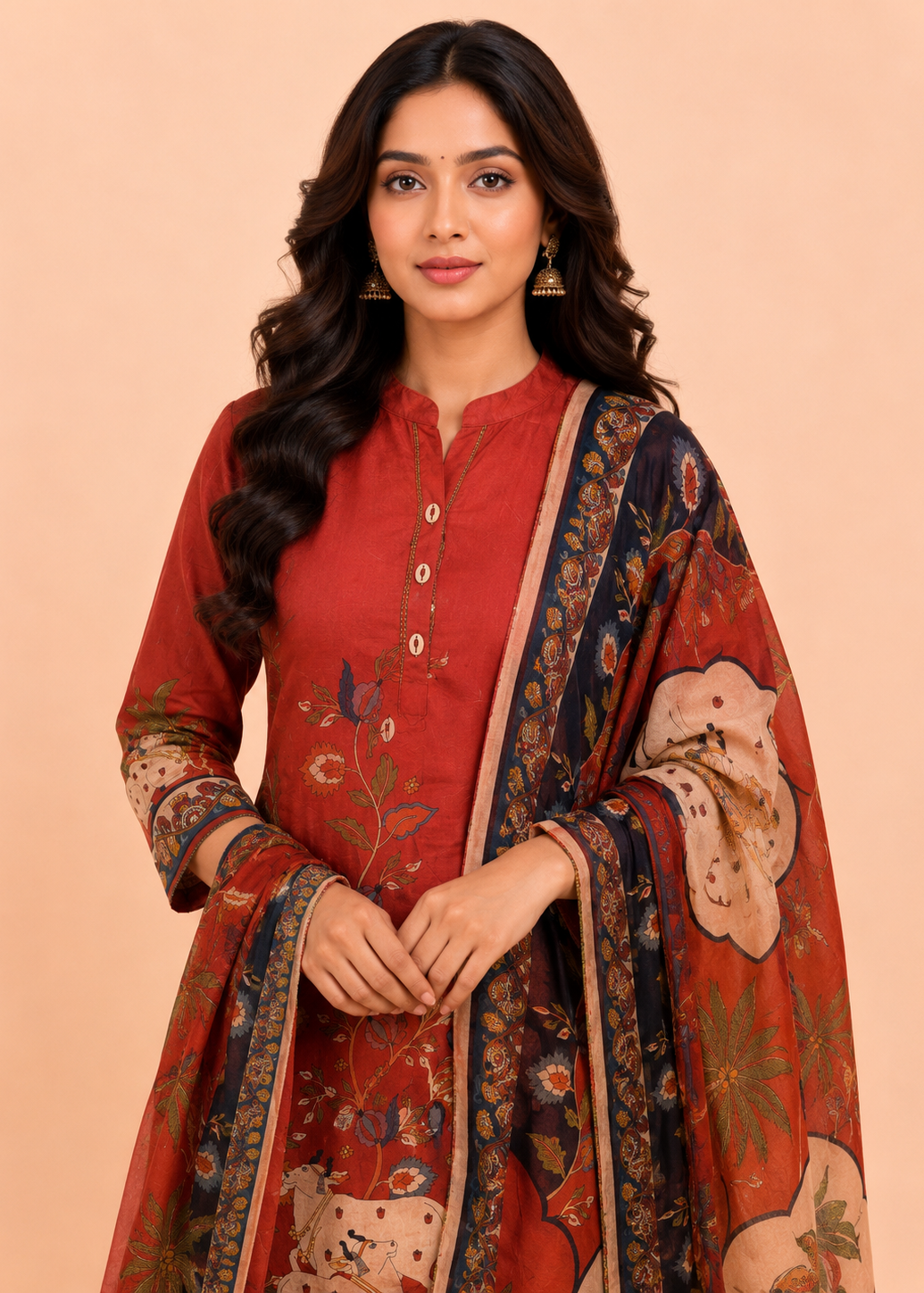 Rust Red Scarlet Garden Printed Kurta Set with Dupatta
