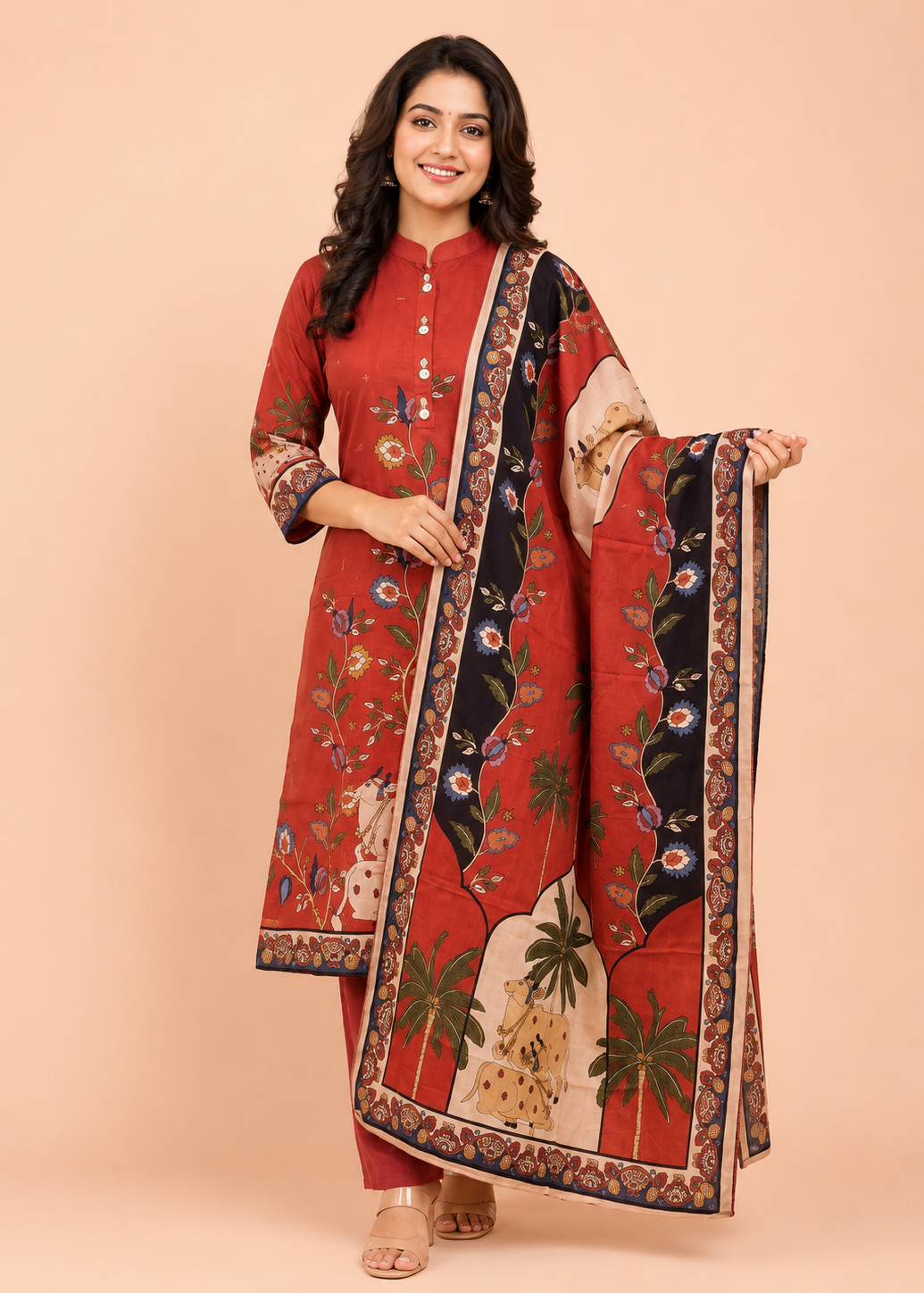 Rust Red Scarlet Garden Printed Kurta Set with Dupatta