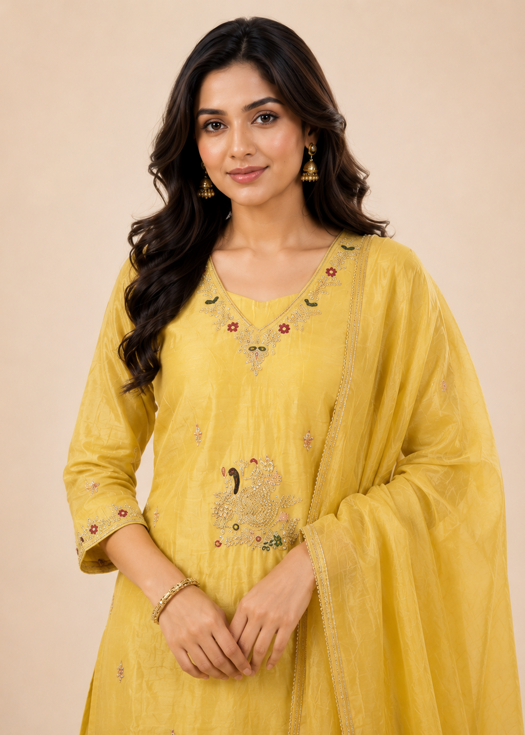 Sunehri Peacock Yellow Embroidered Sharara Dupatta Set