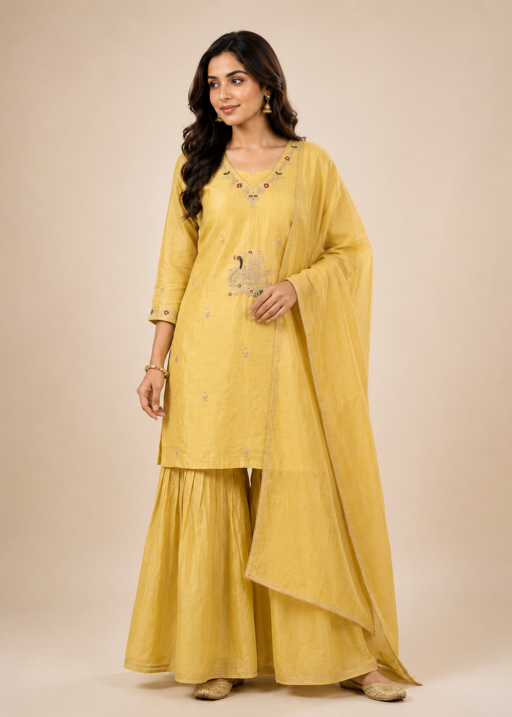 Woman wearing a yellow traditional outfit with a beige background