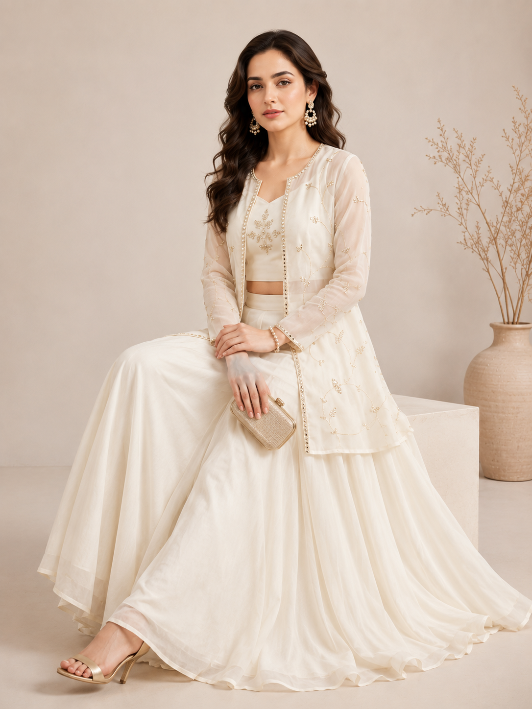 Woman in a cream traditional outfit with a neutral background